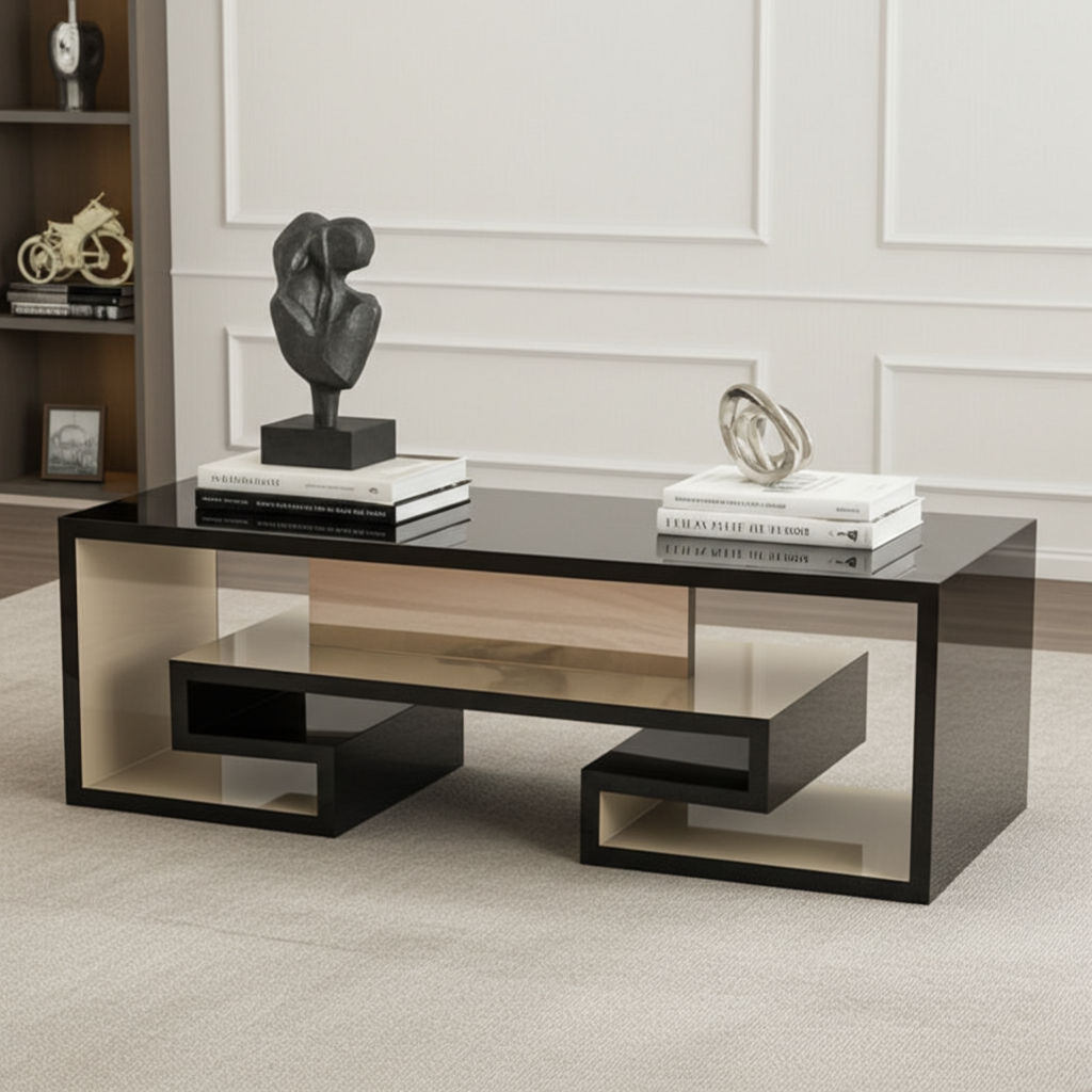 Black and gold accent table with unique cut out design