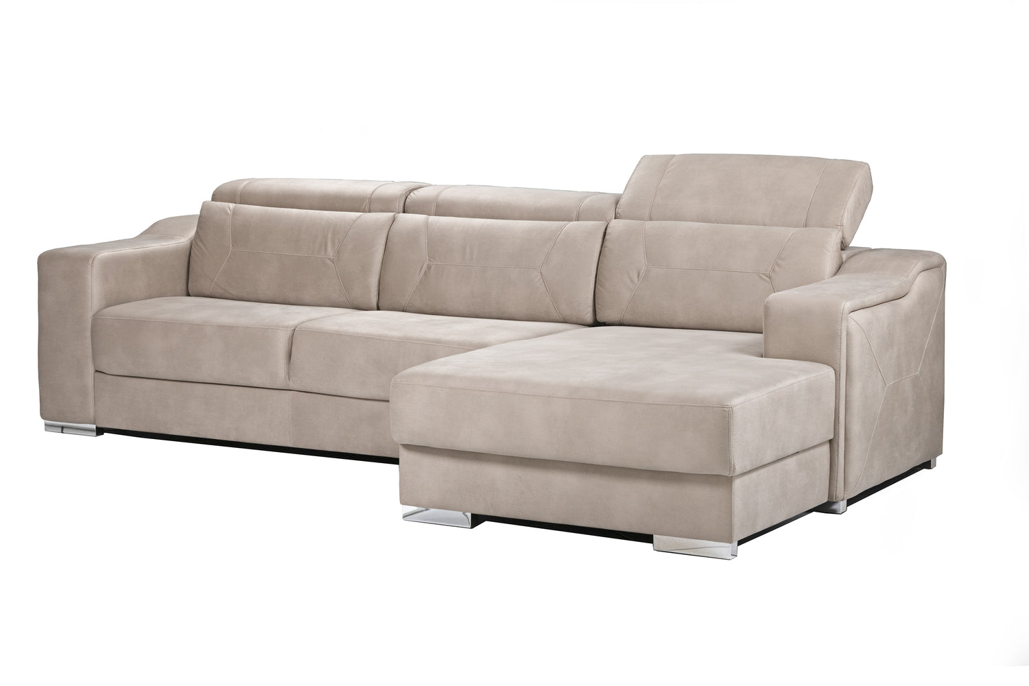 L-Shape couch with adjustable headrests and chrome feet. Hande-made in Europe.