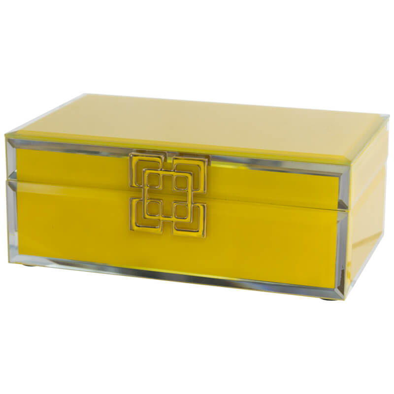 orient style jewellery box, yellow glass jewellery and trinket box with gold accent.
