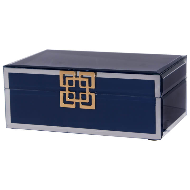orient style jewellery box, blue glass jewellery and trinket box with gold accent.