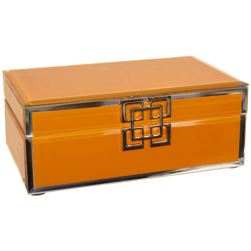 Tangerine glass jewellery or trinket box with velvet interior.