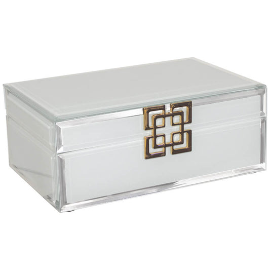 orienatl style jewellery or trinket box. Jewellery box in white glass with gold accents.