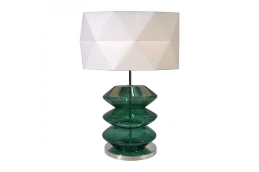 Table lamp with glass base and white drum