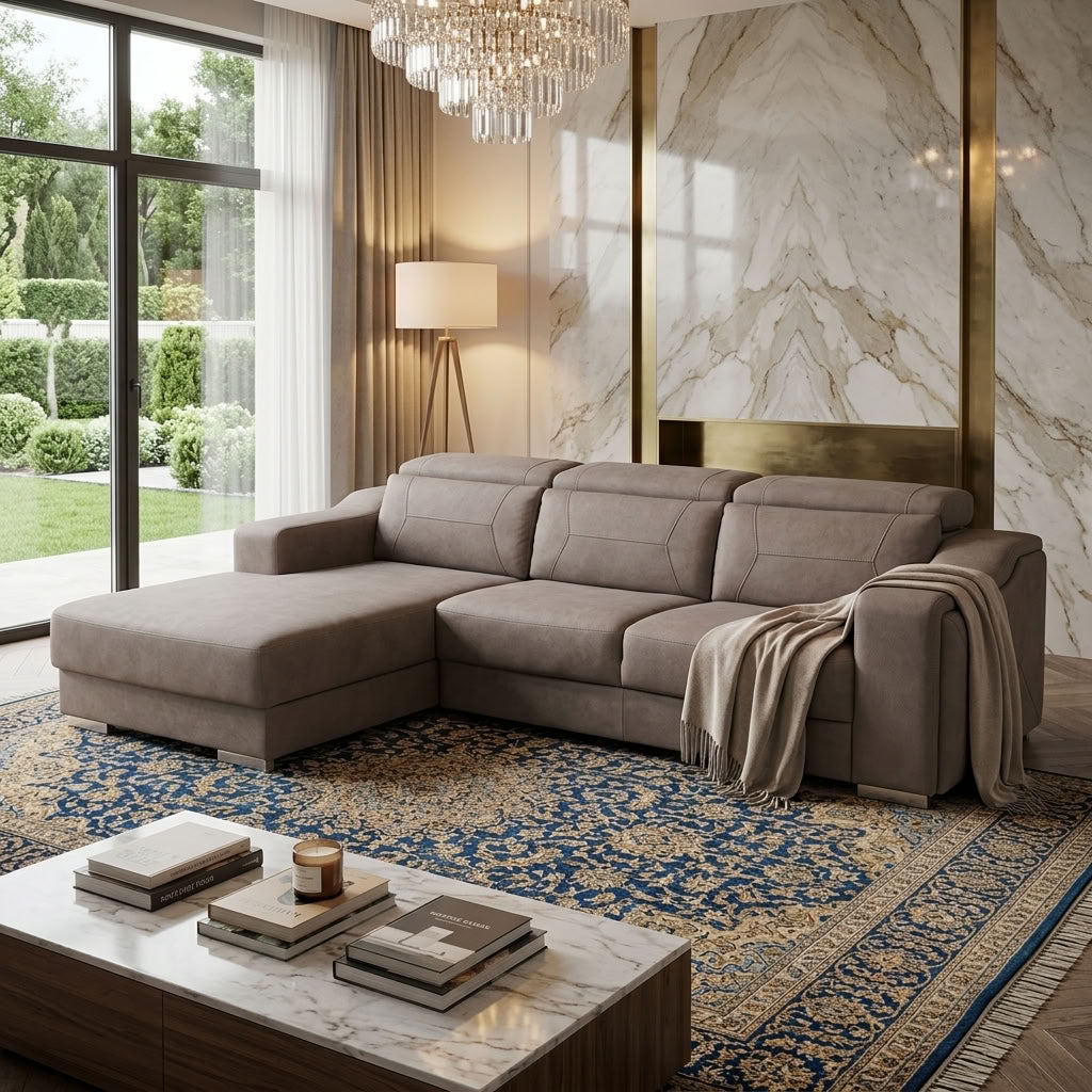 Luxury brown fabric sofa + adjustable headrests + storage trunk under daybed. GALERIA FURNITURE SA