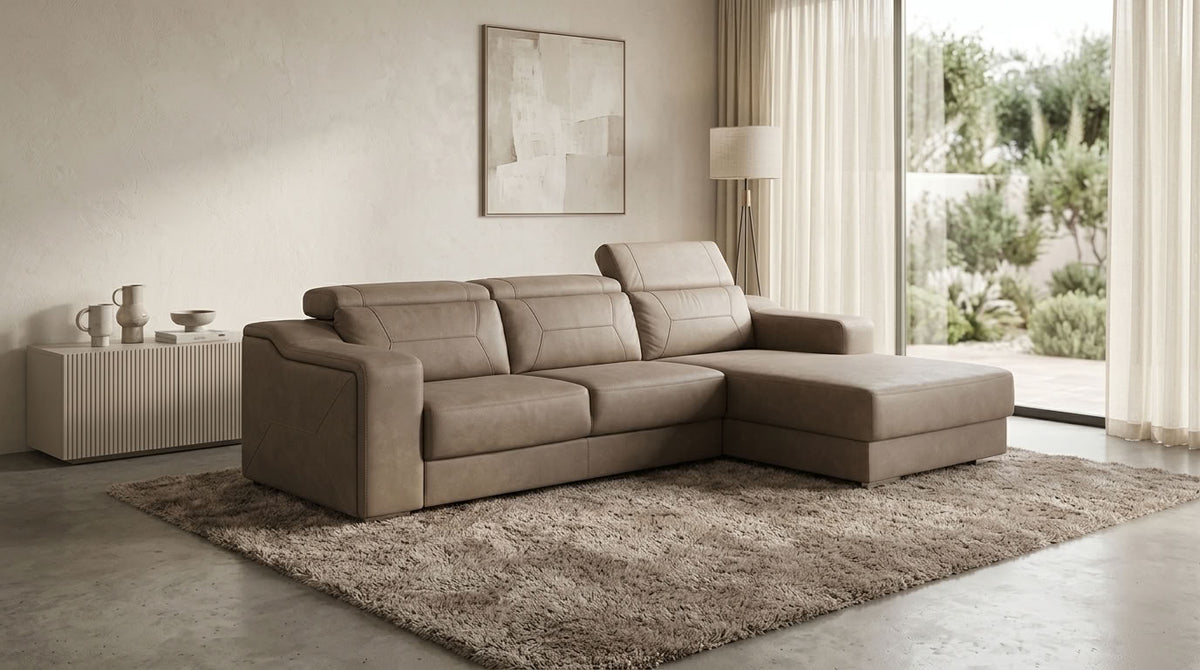 Luxury brown fabric sofa + adjustable headrests + storage trunk under daybed. GALERIA FURNITURE SA