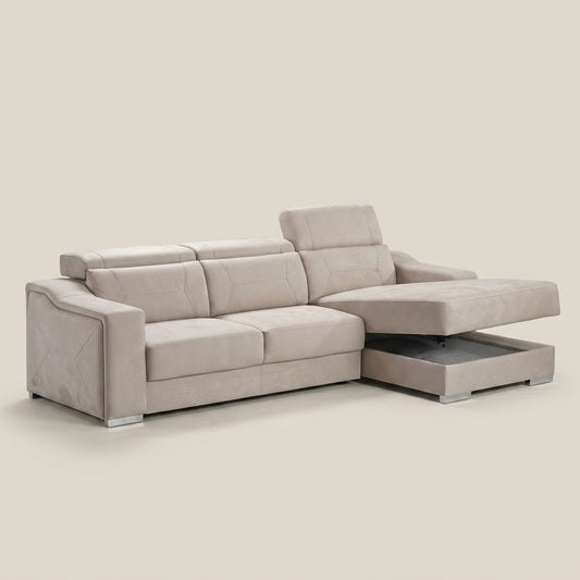Trevor L-Shape Sofa with Storage Trunk in beige - 3 seater corner couch with open storage compartment | Galeria Furniture South Africa
