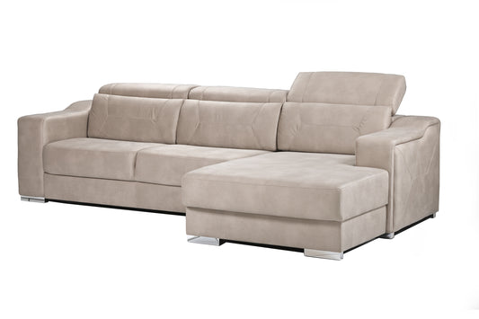 L-Shape couch with adjustable headrests and storage trunk, and chrome feet. 