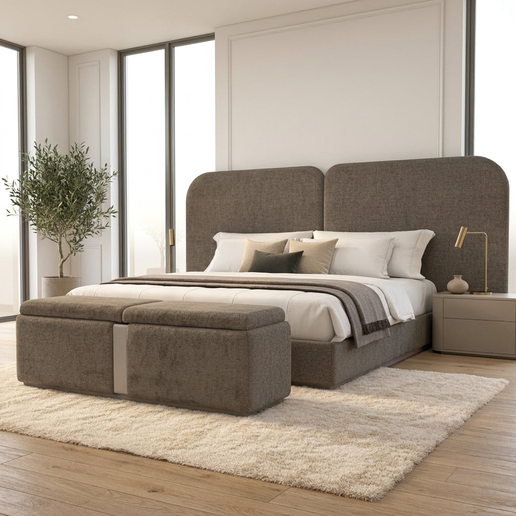 Luxury XL king size bed South Africa in stone fabric, Turquía bedroom set at GALERIA Furniture Mbombela
