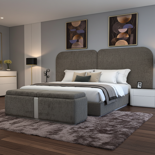 two panel Headboard and base bed set with matching storage ottoman