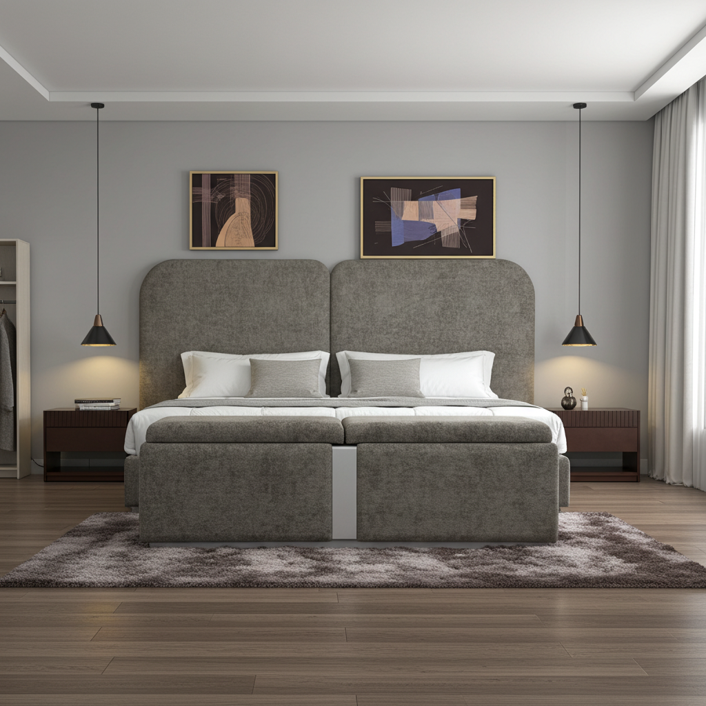 Light brown sleigh bed with matching storage ottoman and 2 brown solid wood pedestals