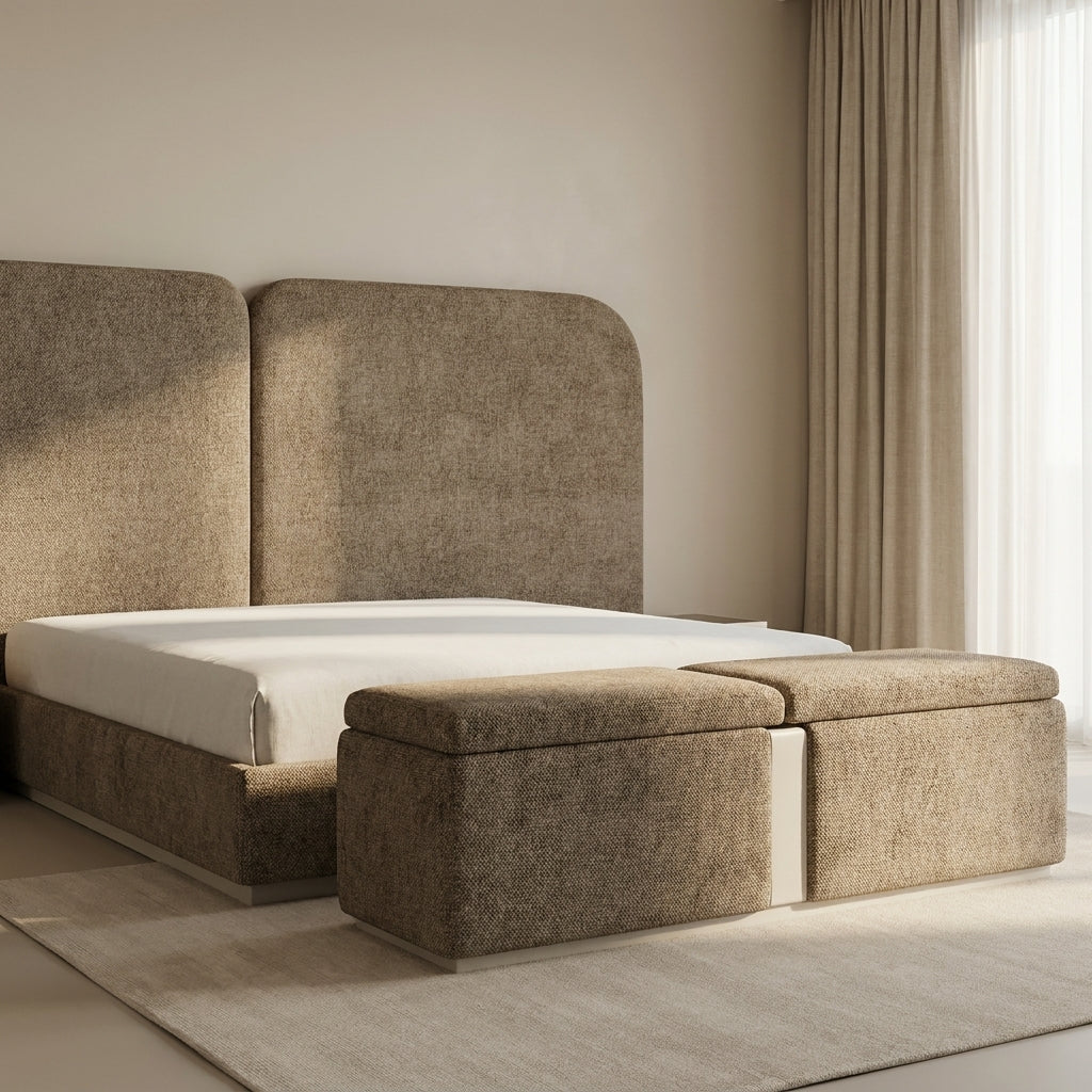 Storage ottoman with metal detailing, as part of the Turquia bedroom set, luxury bedroom furniture South Africa