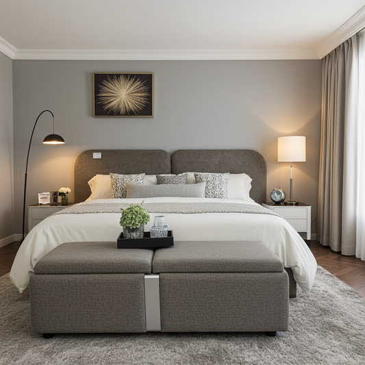 headboard and base set with storage ottoman upholstered in luxury stone fabric