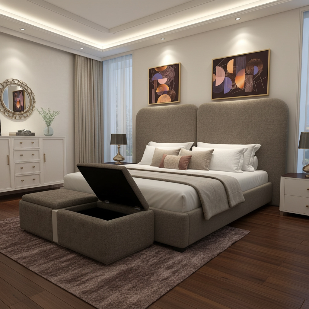 Modern sleigh bed with two panel headboard and storage ottoman for bedroom