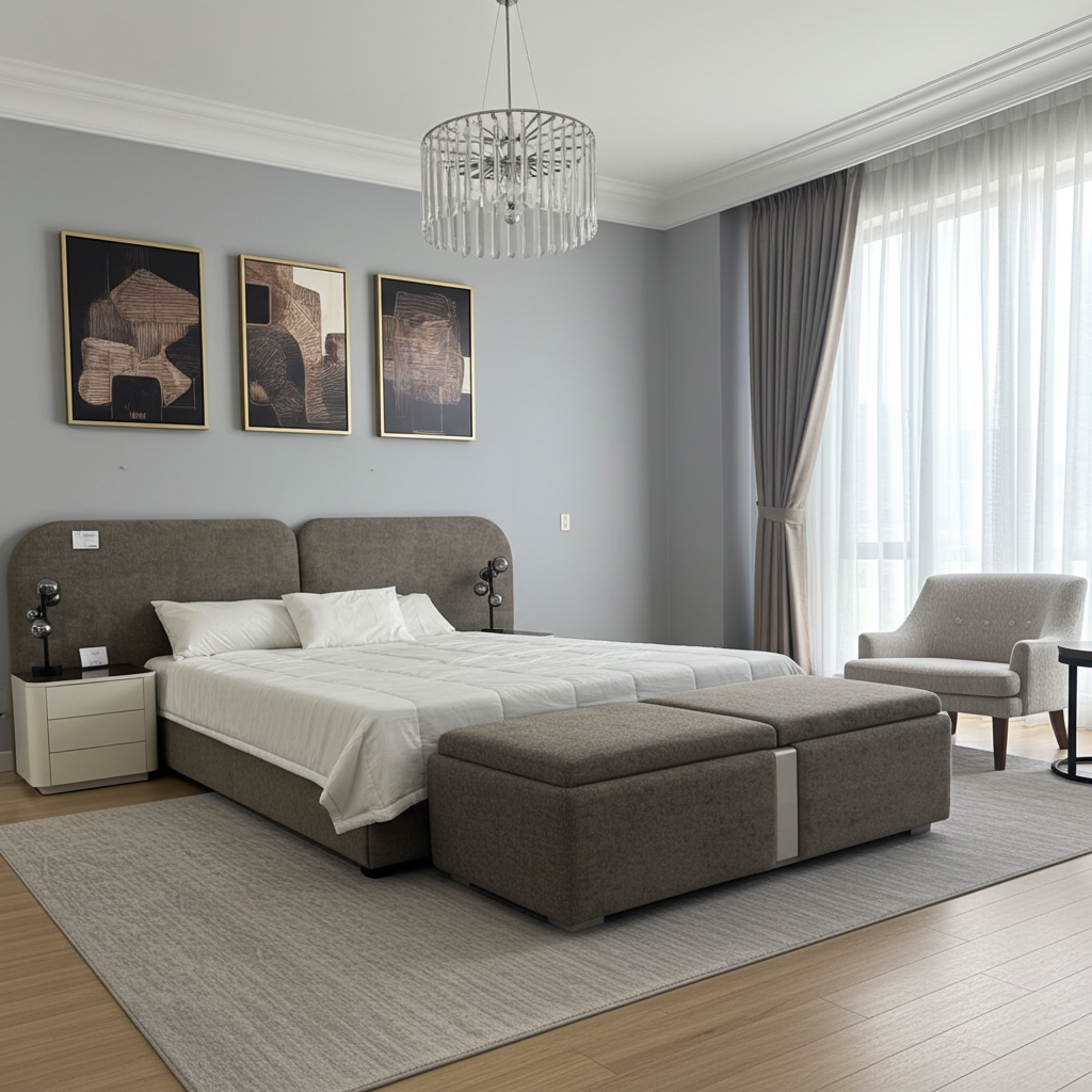 Sleigh bed with ottoman, extra width headboard and base set with storage ottoman