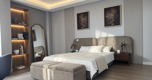 luxury headboard and base bed with ottoman. two panel extra width headboard and base