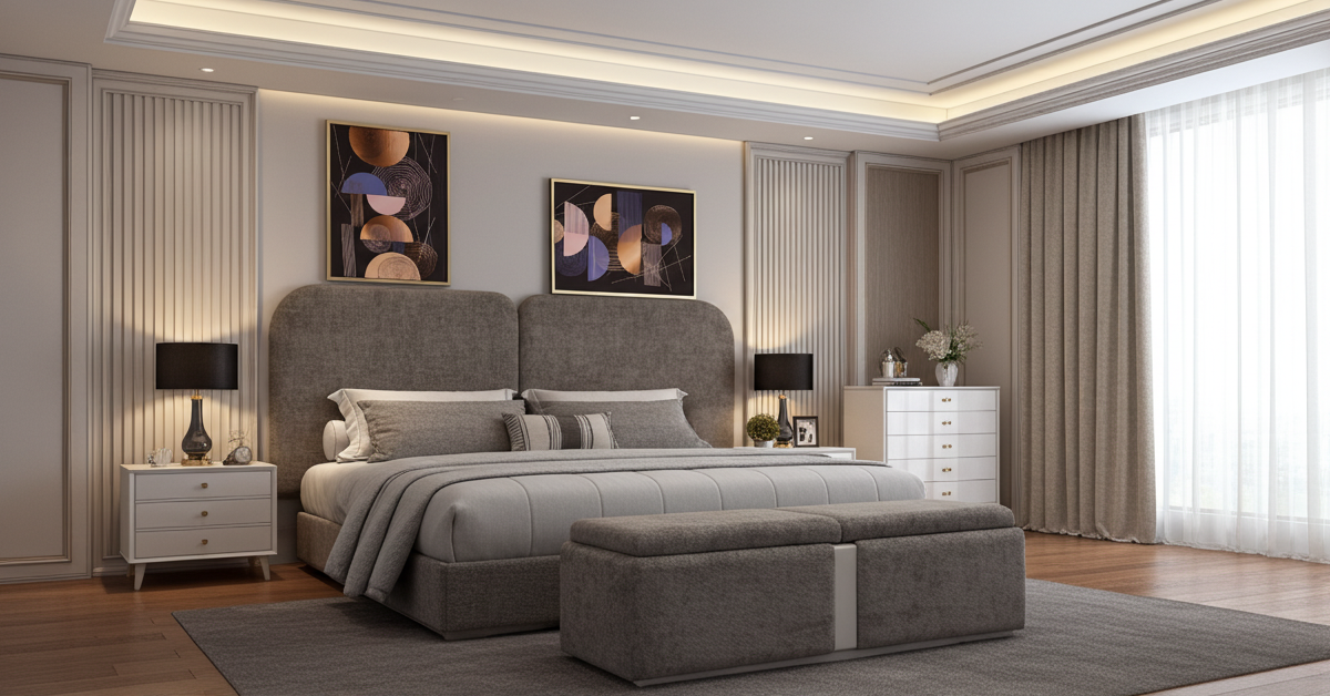 Modern headboard and base bed set with matching storage ottoman in taupe brown fabric.