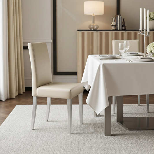 Beige leather dining chair with silver legs