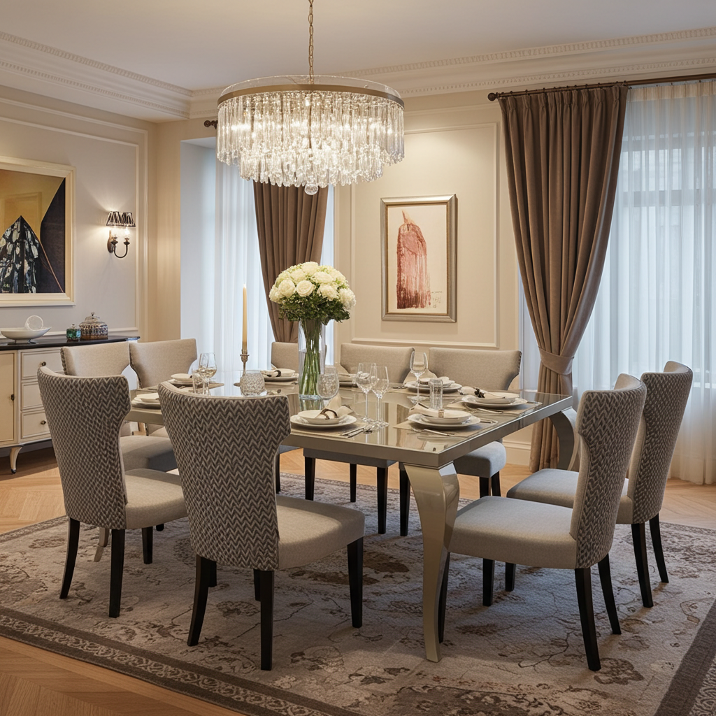 Luxury wood and glass dining table with vintage legs