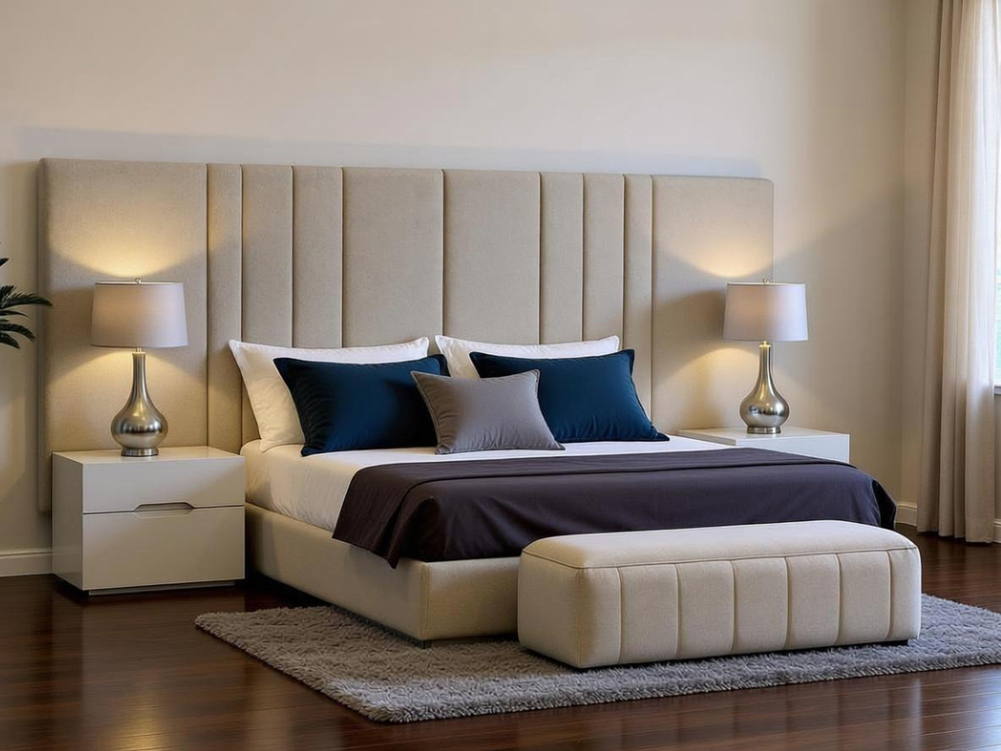 Vane Cream  Bed  With Ottoman XL KING