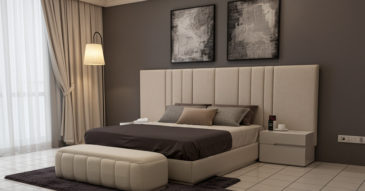 Headboard and base bed set with ottoman in cream fabric