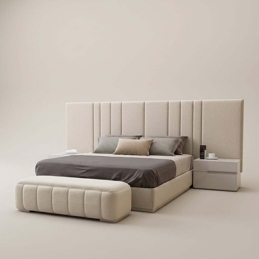 Headboard and base bed set with matching tufted ottoman in luxury cream / light beige fabric. Euro Crafted. Galeria Furniture South Africa.