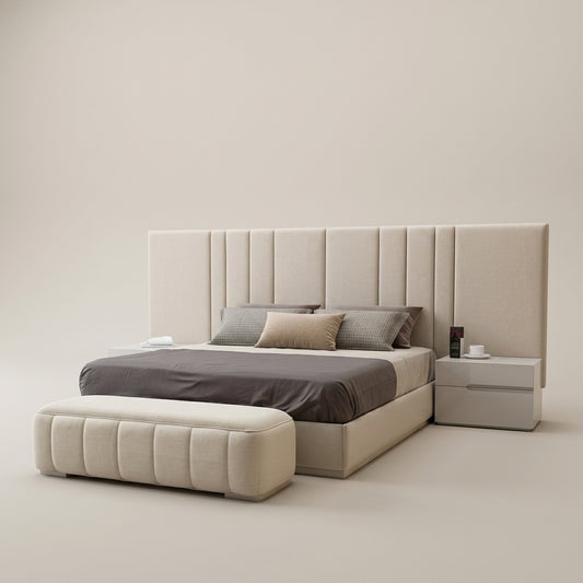 Headboard and base bed set with matching tufted ottoman in luxury cream / light beige fabric. Euro Crafted. Galeria Furniture South Africa.