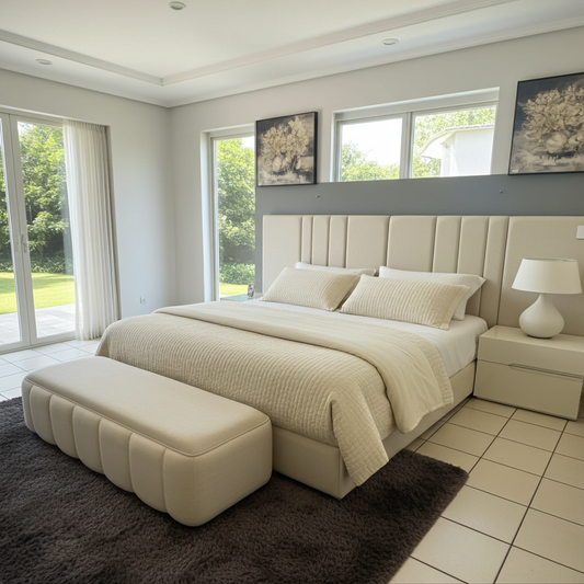 xl king bed in cream fabric with ottoman