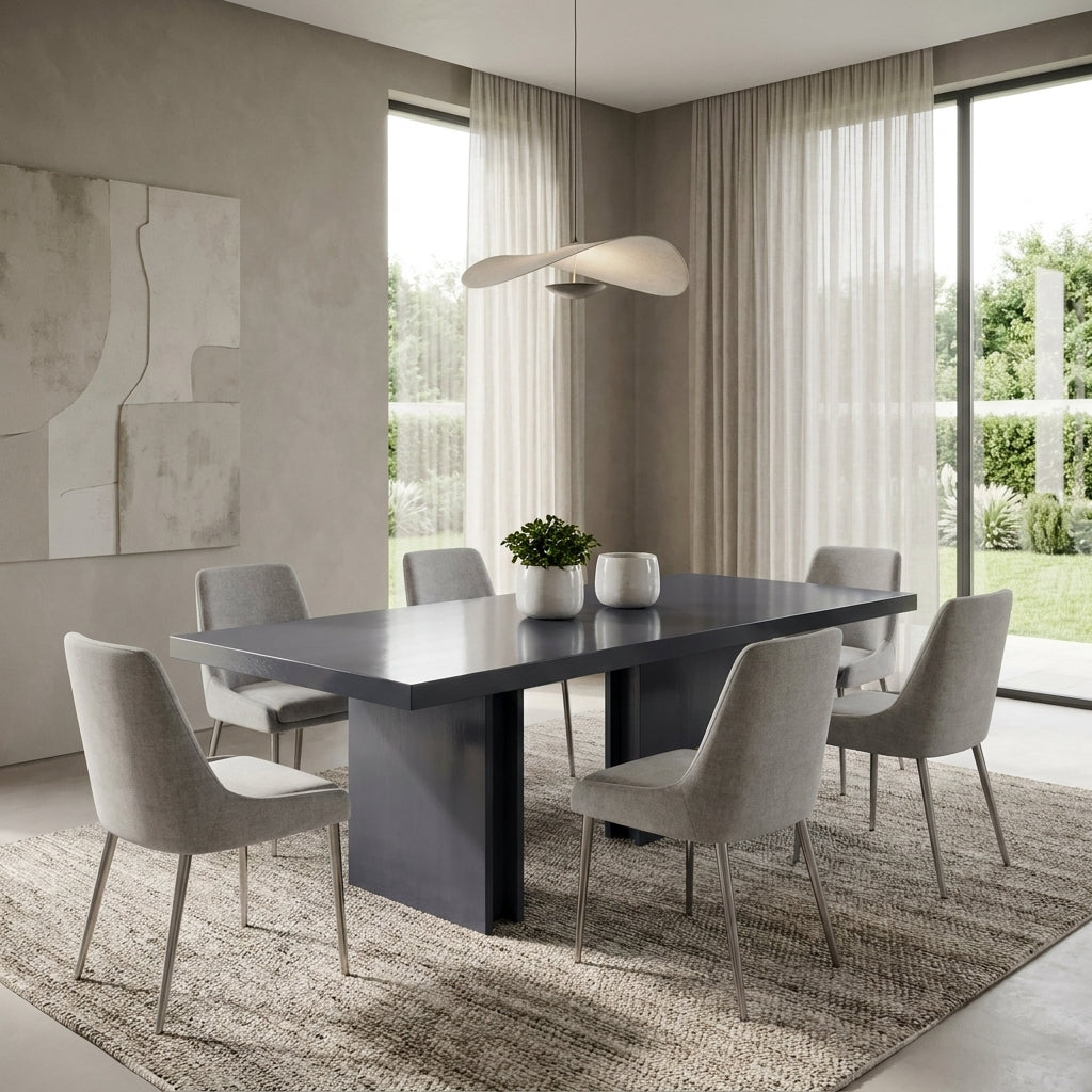 Modern dining table with vertical and horizontal leg design in dark wood, luxury designer table South Africa