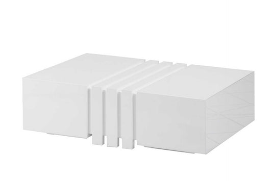 White gloss wood coffee table, square shaped coffee table with cut-out ridges and two hidden drawers