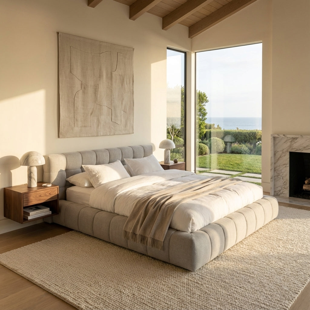 Light grey tufted sleigh bed in fabric.