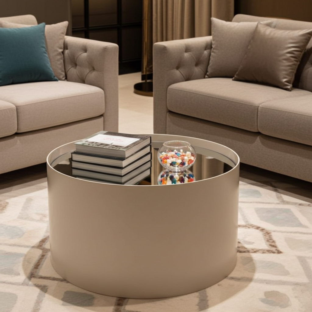 modern round coffee table with mirror top