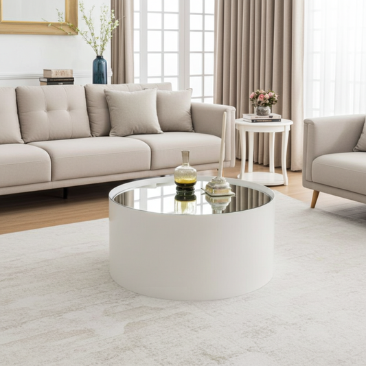 round coffee table with a mirror top
