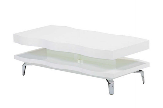 White gloss wood coffee table with wave design and silver legs