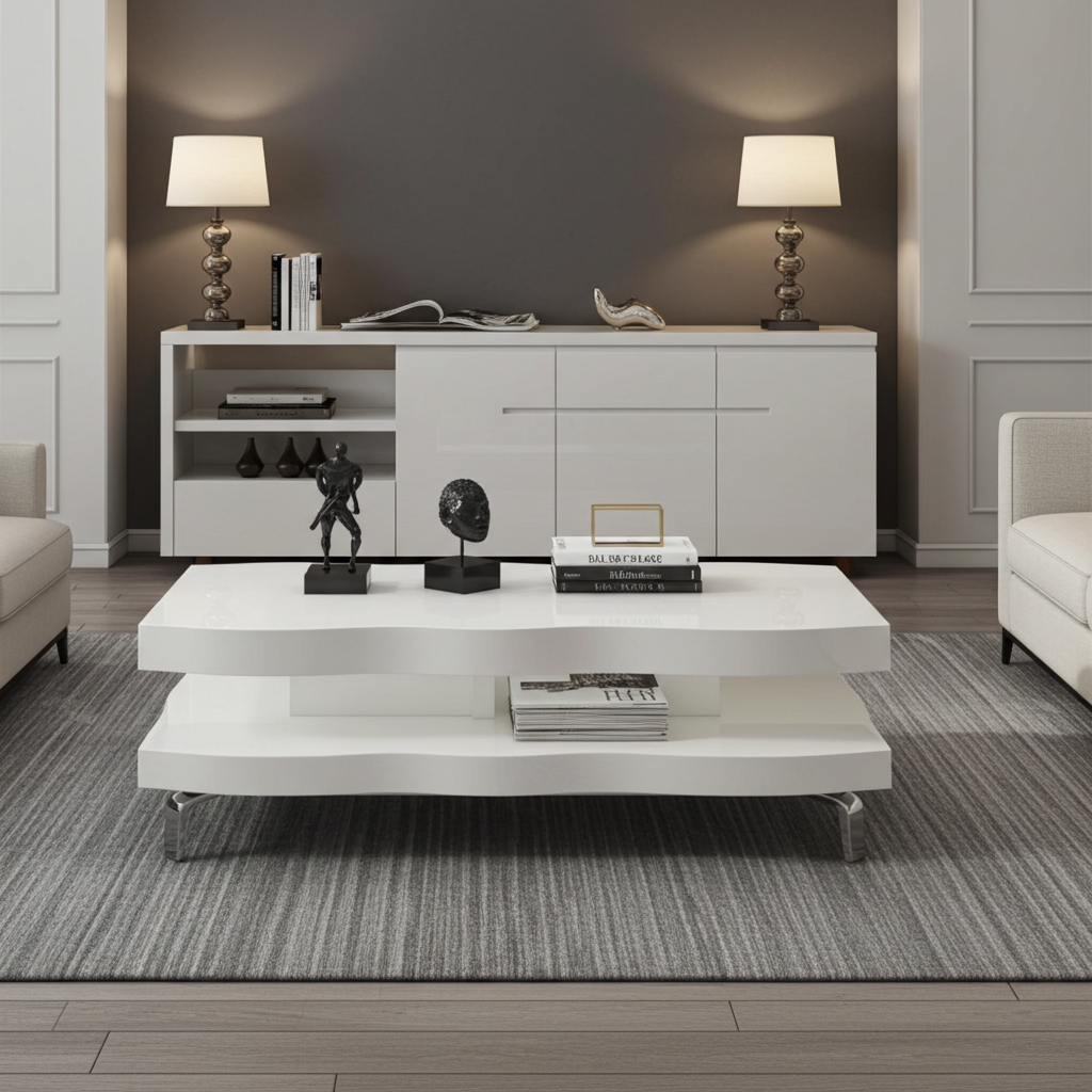 This designer coffee table in white gloss wood has optional chrome silver legs for added height