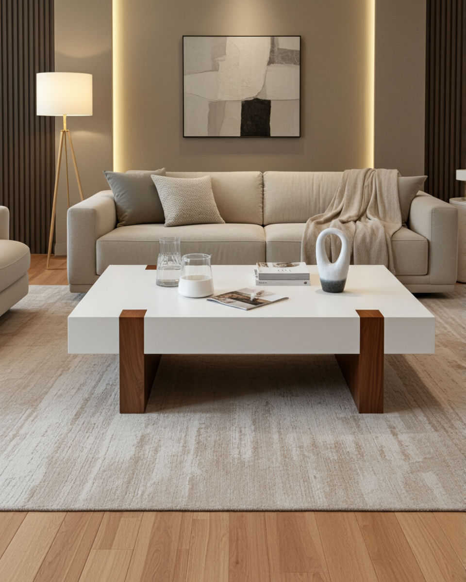luxury modern coffee table in gloss white wood and walnut wood accents