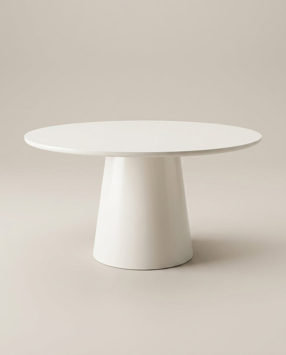 Soft white 1.4m round dining table with pedestal centre leg design - Galeria SA