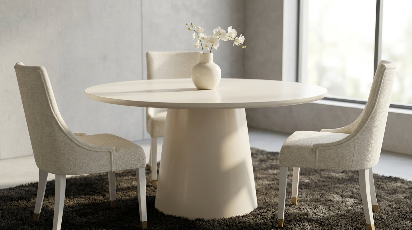 Soft white round dining table styled in modern dining room with window and rug - Galeria SA