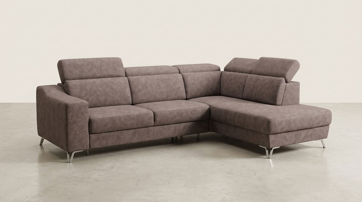 Choc brown corner couch with chaise daybed and integrated storage trunk. GALERIA FURNITURE SOUTH AFRICA.