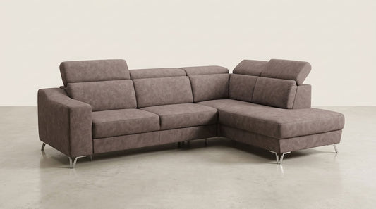 Choc brown corner couch with chaise daybed and integrated storage trunk. GALERIA FURNITURE SOUTH AFRICA.