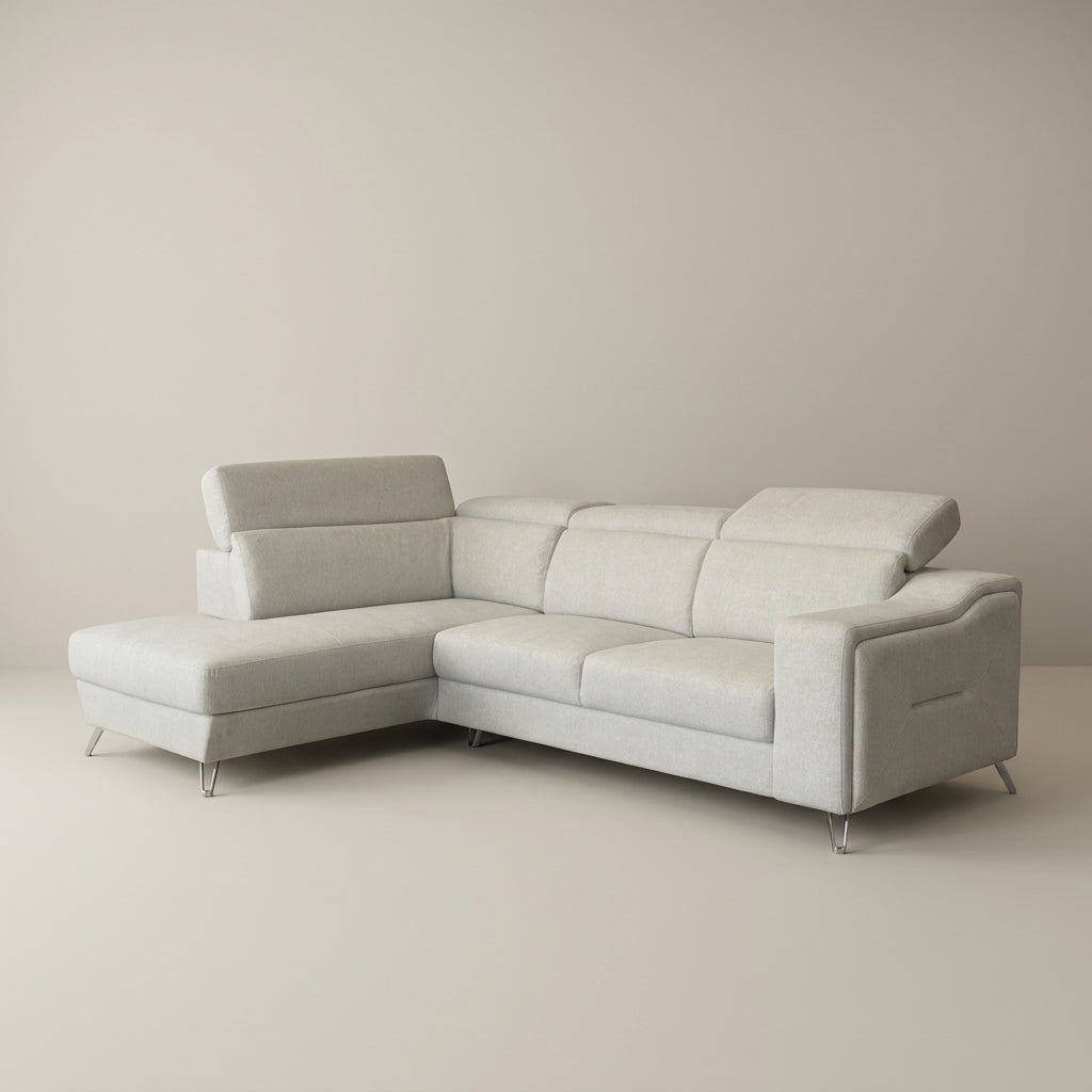 Light grey fabric corner couch with adjustable headrests. GALERIA FURNITURE SOUTH AFRICA.