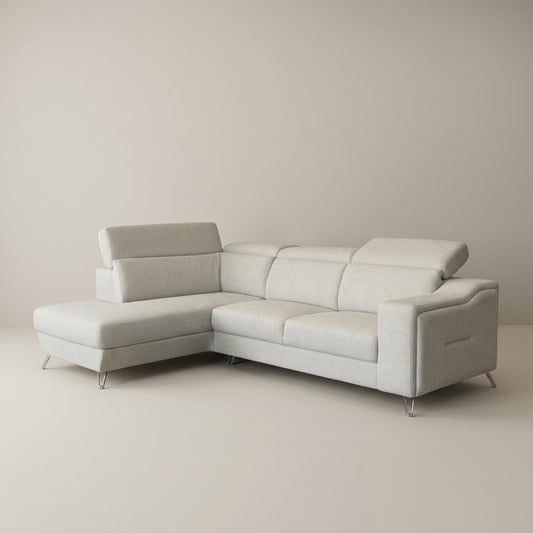 Light grey fabric corner couch with adjustable headrests. GALERIA FURNITURE SOUTH AFRICA.