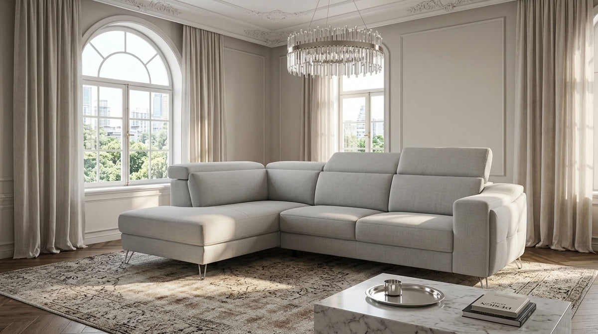 Elegant Corner couch in light grey. Adjustable headrests. GALERIA FURNITURE SOUTH AFRICA.