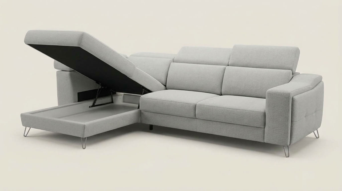 Grey Fabric designer couch with adjustable headrests and storage under the daybed. Euro Crafted sofa. GALERIA FURNITURE SA.