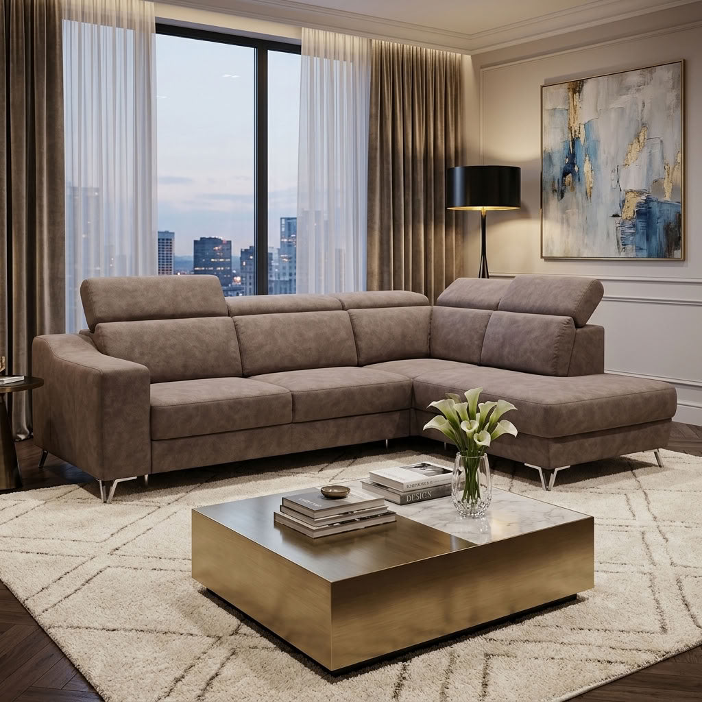 Choc brown corner couch with chaise daybed and integrated storage trunk. GALERIA FURNITURE SOUTH AFRICA.