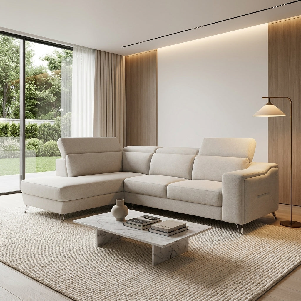 Modern light grey L-shape fabric couch with adjustable headrests. GALERIA FURNITURE SOUTH AFRICA.