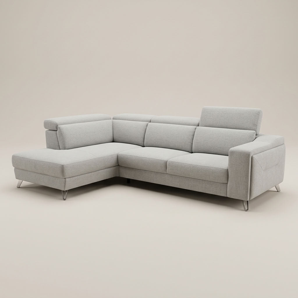 Light grey , luxury fabric 3 seater designer couch with adjustable headrests. GALERIA FURNITURE SOUTH AFRICA.