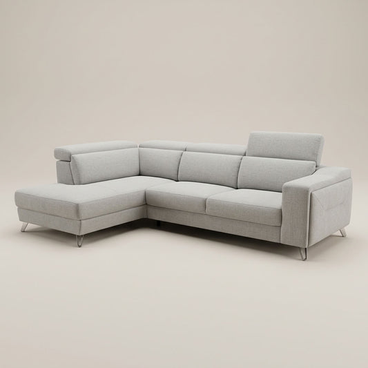 Light grey , luxury fabric 3 seater designer couch with adjustable headrests. GALERIA FURNITURE SOUTH AFRICA.