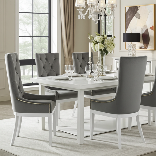 High back dining chairs, swarovski crystal buttons and grey velvet fabric.