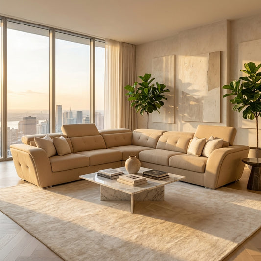 Beige fabric corner couch , 6 seater couch with adjustable headrests.