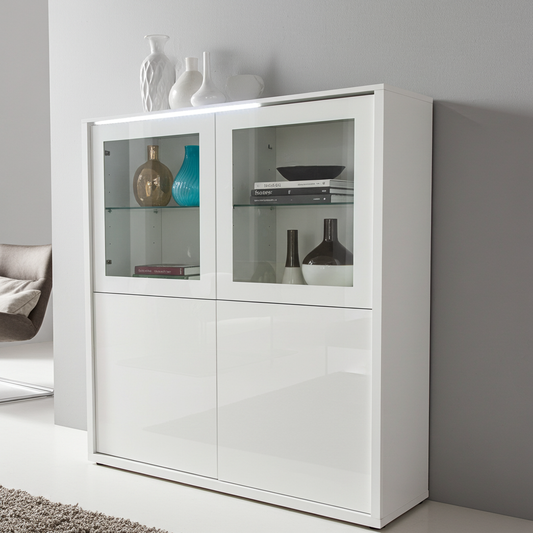 white wood bar cabinet with partial glass door and glass shelves.